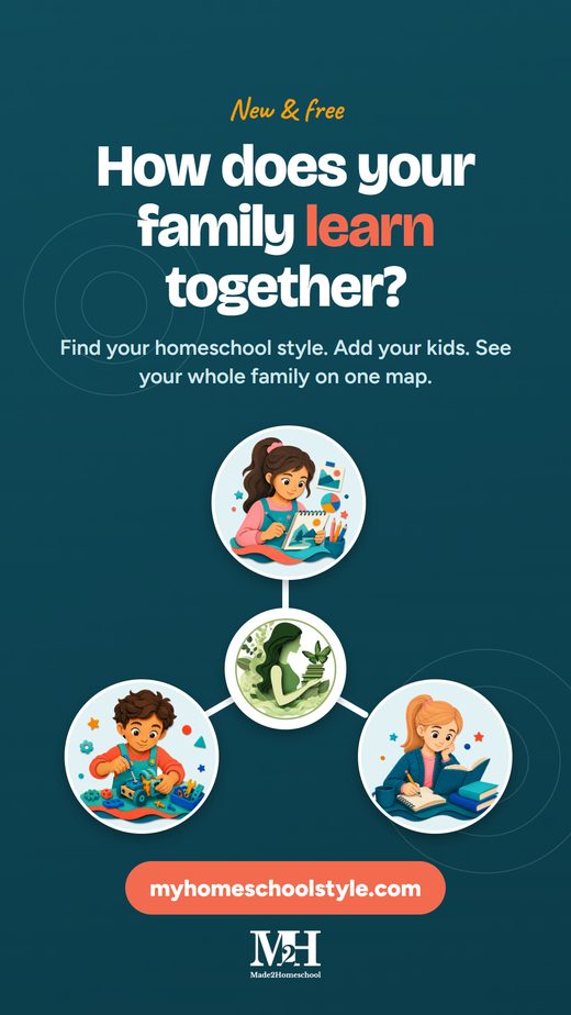 Tall Story version of the same launch graphic, with the headline How does your family learn together?, the family map of three children, and the button myhomeschoolstyle.com above the Made2Homeschool logo.