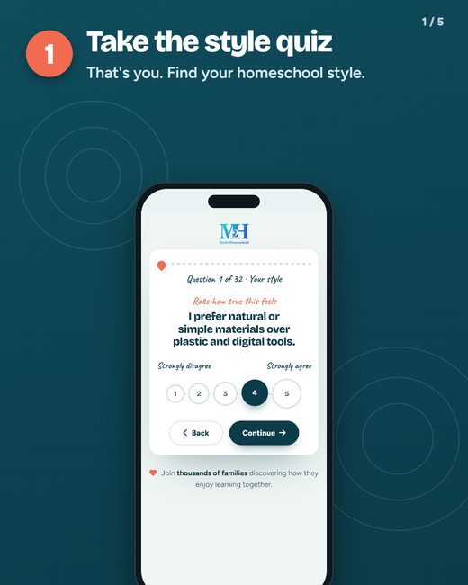 Step 1, Take the style quiz: a phone shows a quiz question about natural or simple materials with a 1 to 5 scale from strongly disagree to strongly agree.