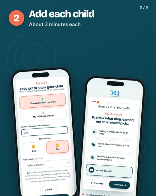 Step 2, Add each child, about 3 minutes each: two phones show the Let's get to know your child screen with a sample name, and a question for a sample child.