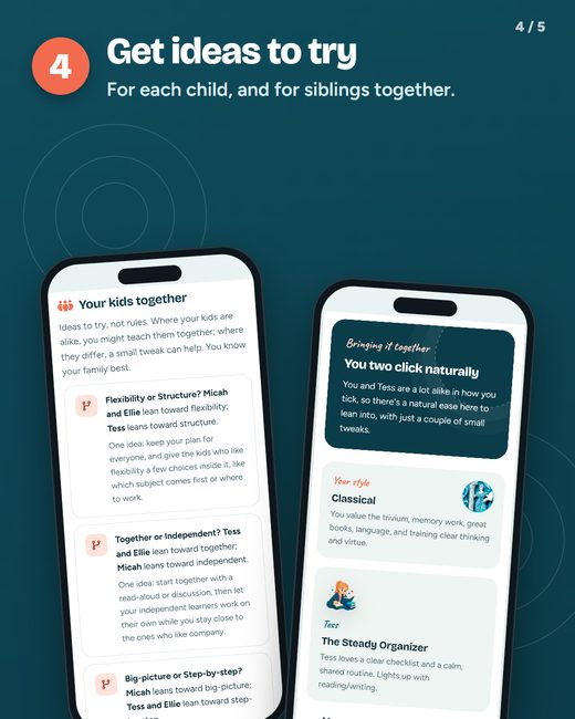 Step 4, Get ideas to try for each child and for siblings together: two phones show the Your kids together ideas and a child's Bringing it together card.