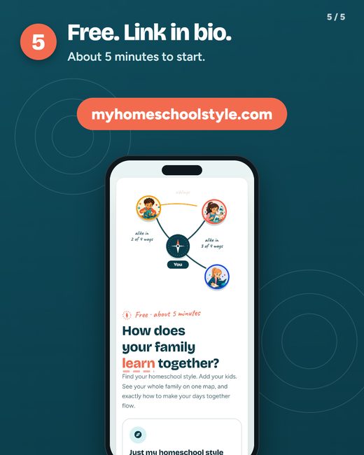 Step 5, Free. Link in bio: a phone shows the quiz start screen under the address myhomeschoolstyle.com.