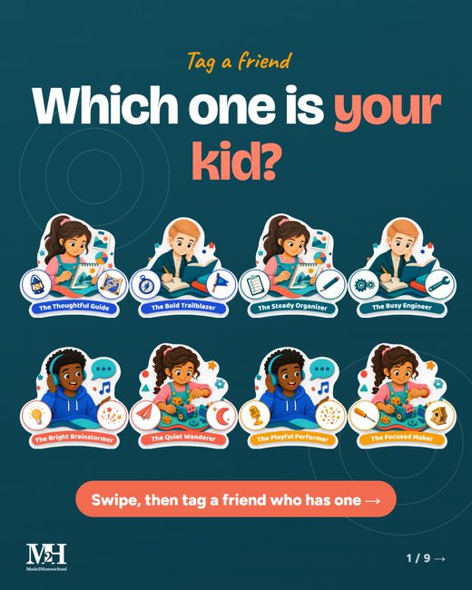 Cover: Which one is your kid? Tag a friend. Eight illustrated learning type cards in two rows and a button reading Swipe, then tag a friend who has one.