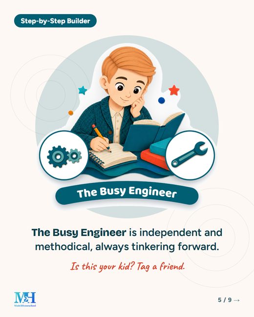 The Busy Engineer, from the Step-by-Step Builder family: an illustrated learning type card. Text: The Busy Engineer is independent and methodical, always tinkering forward. Is this your kid? Tag a friend.