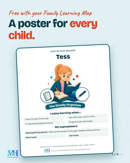 A full-color poster for a sample child named Tess, with her Step-by-Step Builder learning type card and I enjoy learning when lines. Heading: A poster for every child.