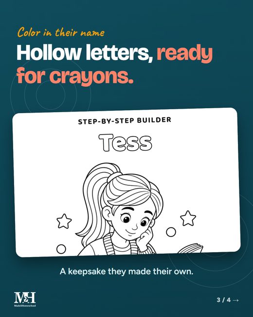 Close-up of the coloring page showing the sample name Tess in hollow outlined letters, ready to color. Heading: Hollow letters, ready for crayons.