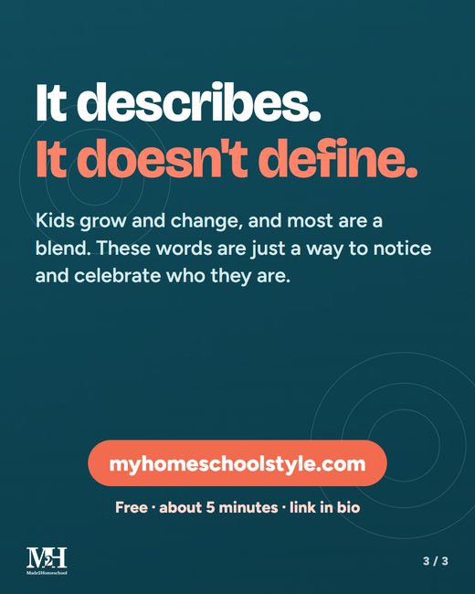 Dark slide: It describes. It doesn't define. Kids grow and change, and most are a blend. These words are just a way to notice and celebrate who they are. Free, about 5 minutes, myhomeschoolstyle.com, link in bio.