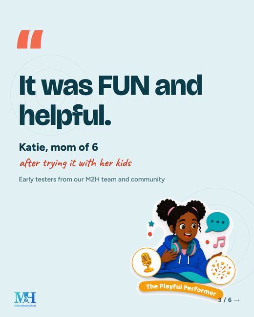 Cream slide, quote: It was so fun!! Julie C., about the Family Learning Map. Small print: Early testers from our M2H team and community. A phone shows a sample family map.