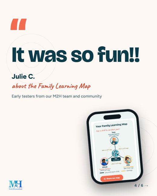 Light blue slide, quote: It was FUN and helpful. Katie, mom of 6, after trying it with her kids. Small print: Early testers from our M2H team and community. A learning type card.